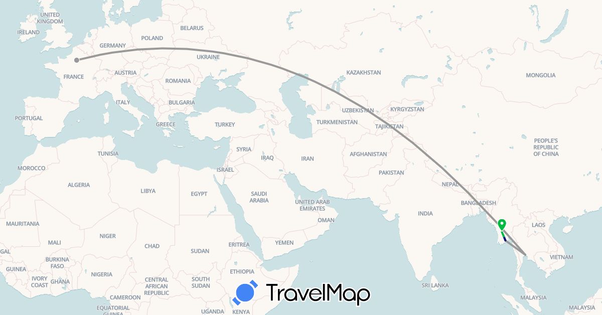 TravelMap itinerary: driving, bus, plane in Myanmar (Burma), Thailand (Asia)